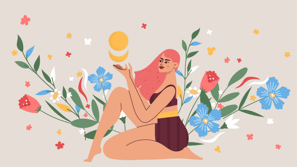 History of Menstruation - illustration of woman cradling the moon in her hands, while she sits in a garden