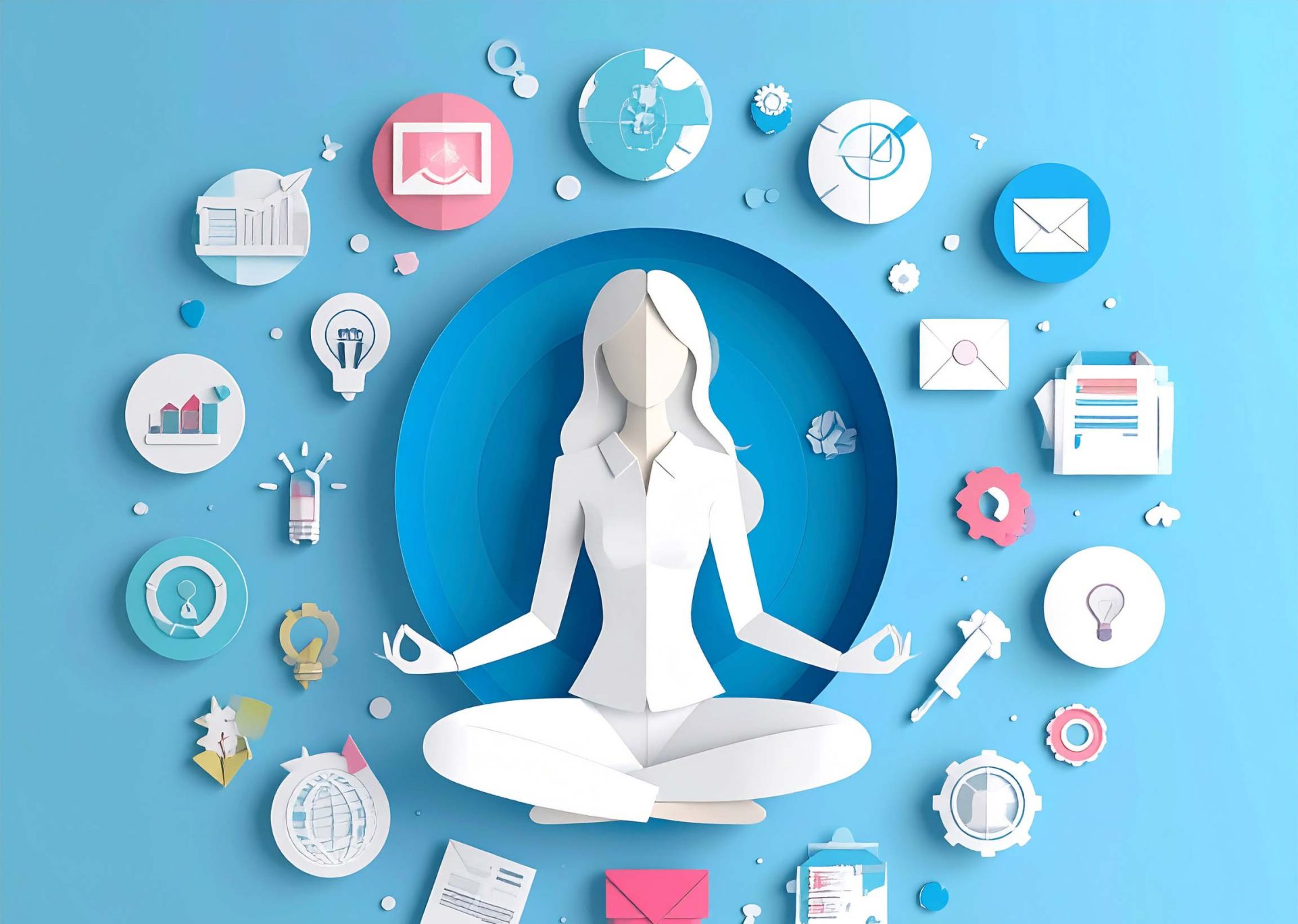 Paper sculpture illustration of a woman meditating while icons of business and design revolve around her.