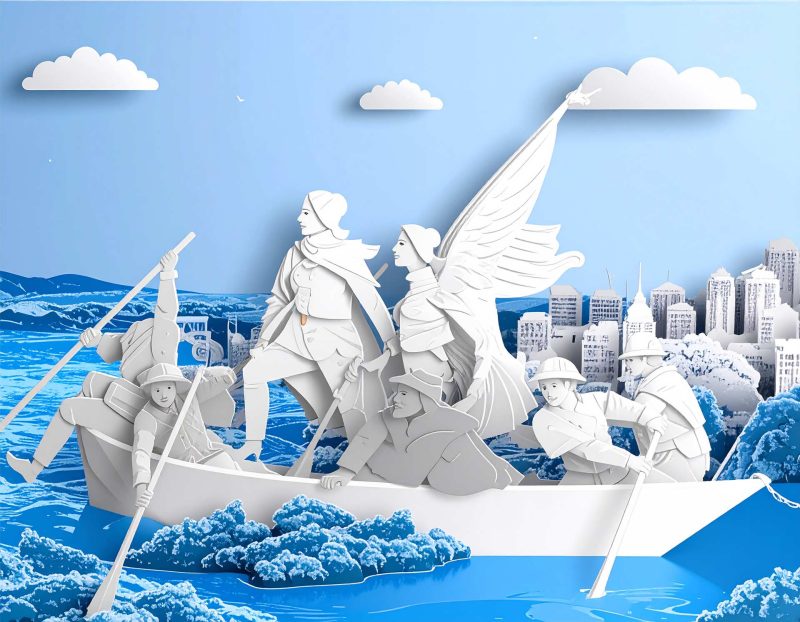 Illustraion of a group of professionals on a boat, crossing rock water with a city skyline behind them.